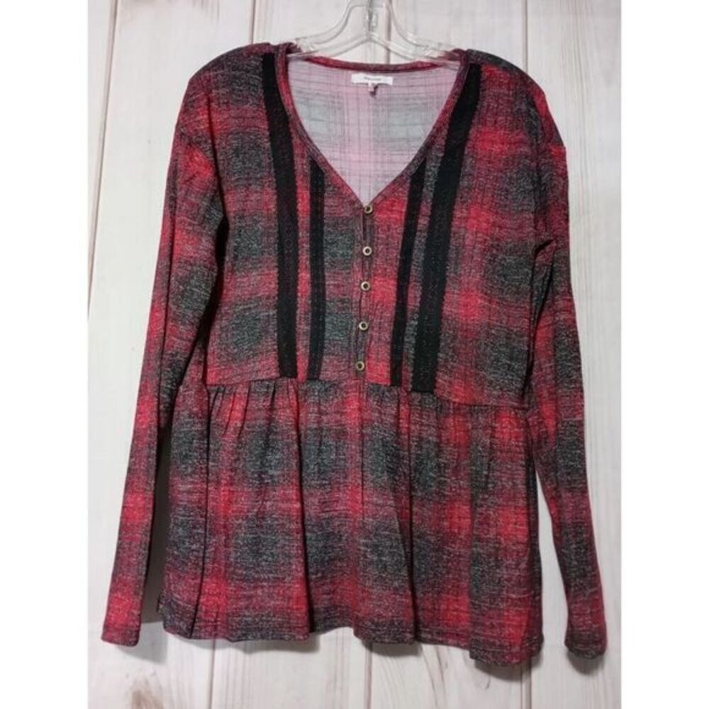 Maurices Womens Red Black Plaid Lace Trim Babydoll Top Long Sleeve V-Neck Medium